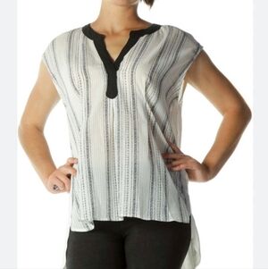 Anthro Postmark 9-H15 Popover Top Sz S White Black Stripe Mixed Media Splut Neck
